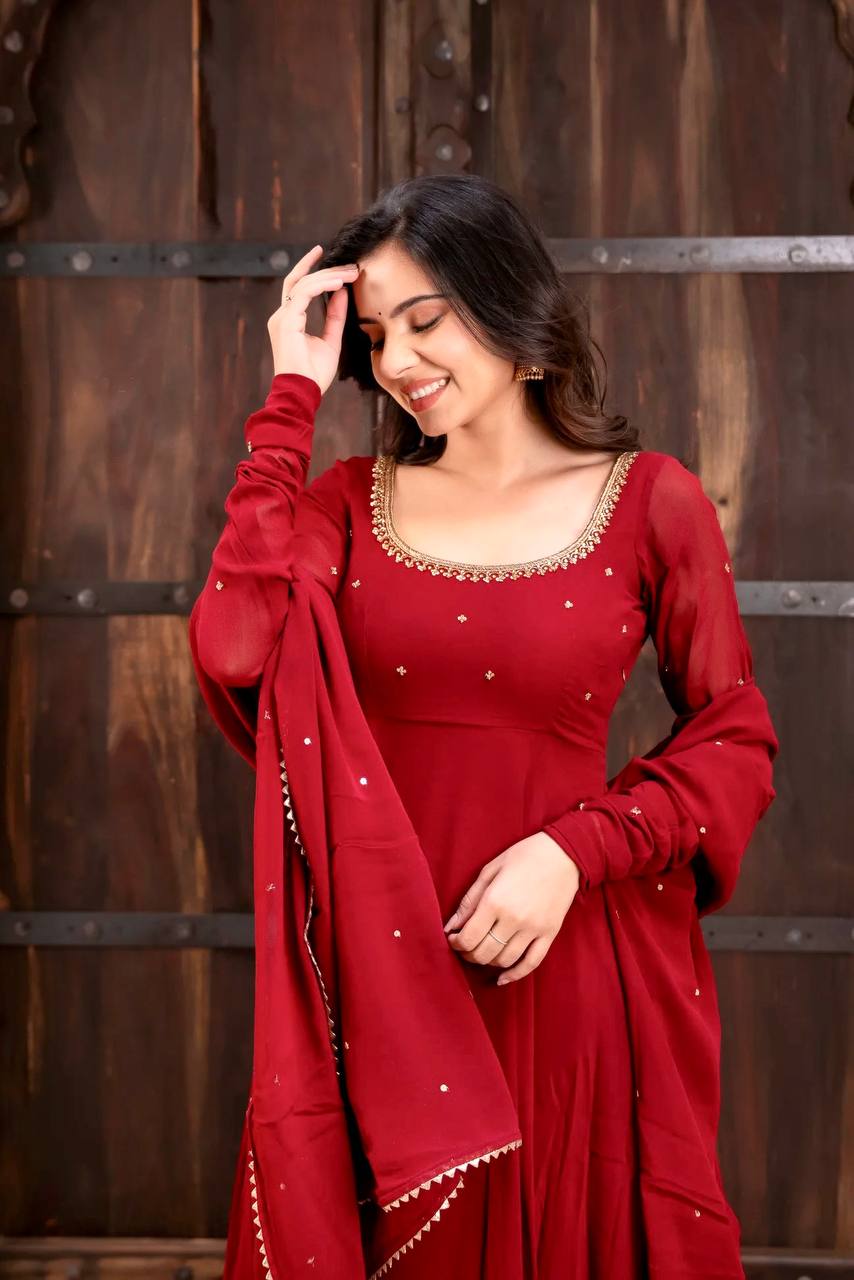 Maroon Faux Georgette Anarkali Suit with Pant Dupatta Hand Work 6.5 Mtr Flair