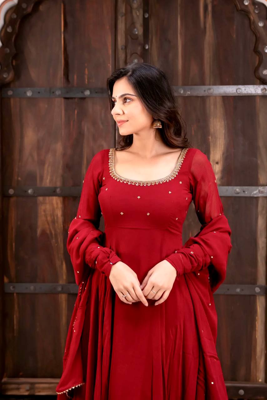 Maroon Faux Georgette Anarkali Suit with Pant Dupatta Hand Work 6.5 Mtr Flair