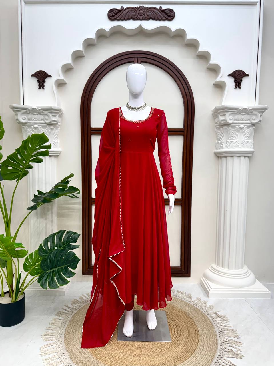 Maroon Faux Georgette Anarkali Suit with Pant Dupatta Hand Work 6.5 Mtr Flair
