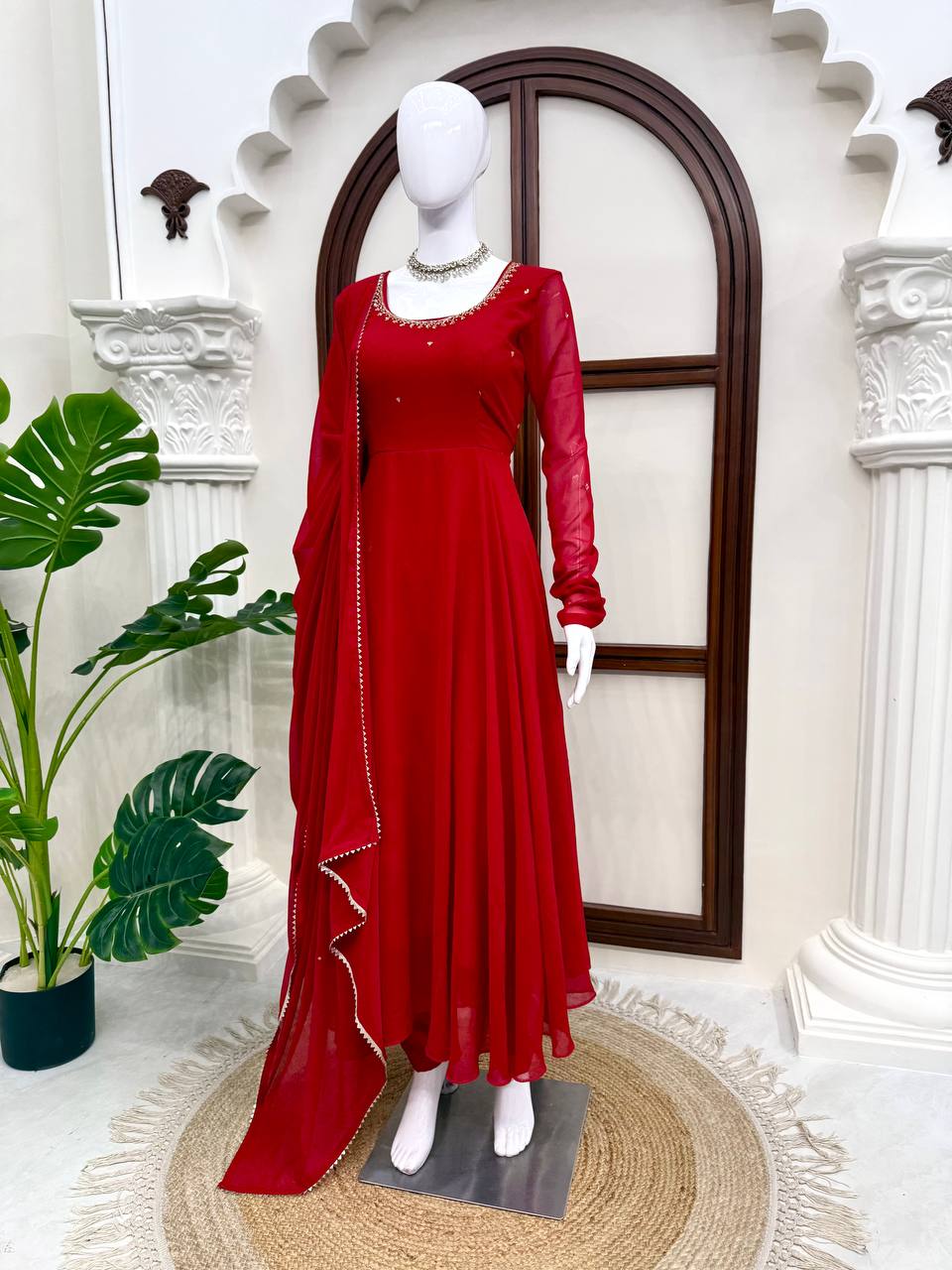 Maroon Faux Georgette Anarkali Suit with Pant Dupatta Hand Work 6.5 Mtr Flair