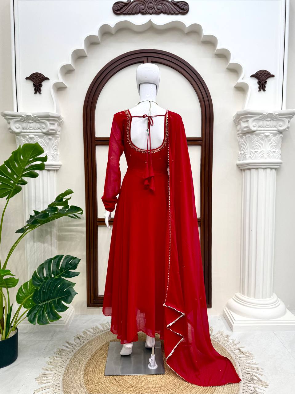 Maroon Faux Georgette Anarkali Suit with Pant Dupatta Hand Work 6.5 Mtr Flair