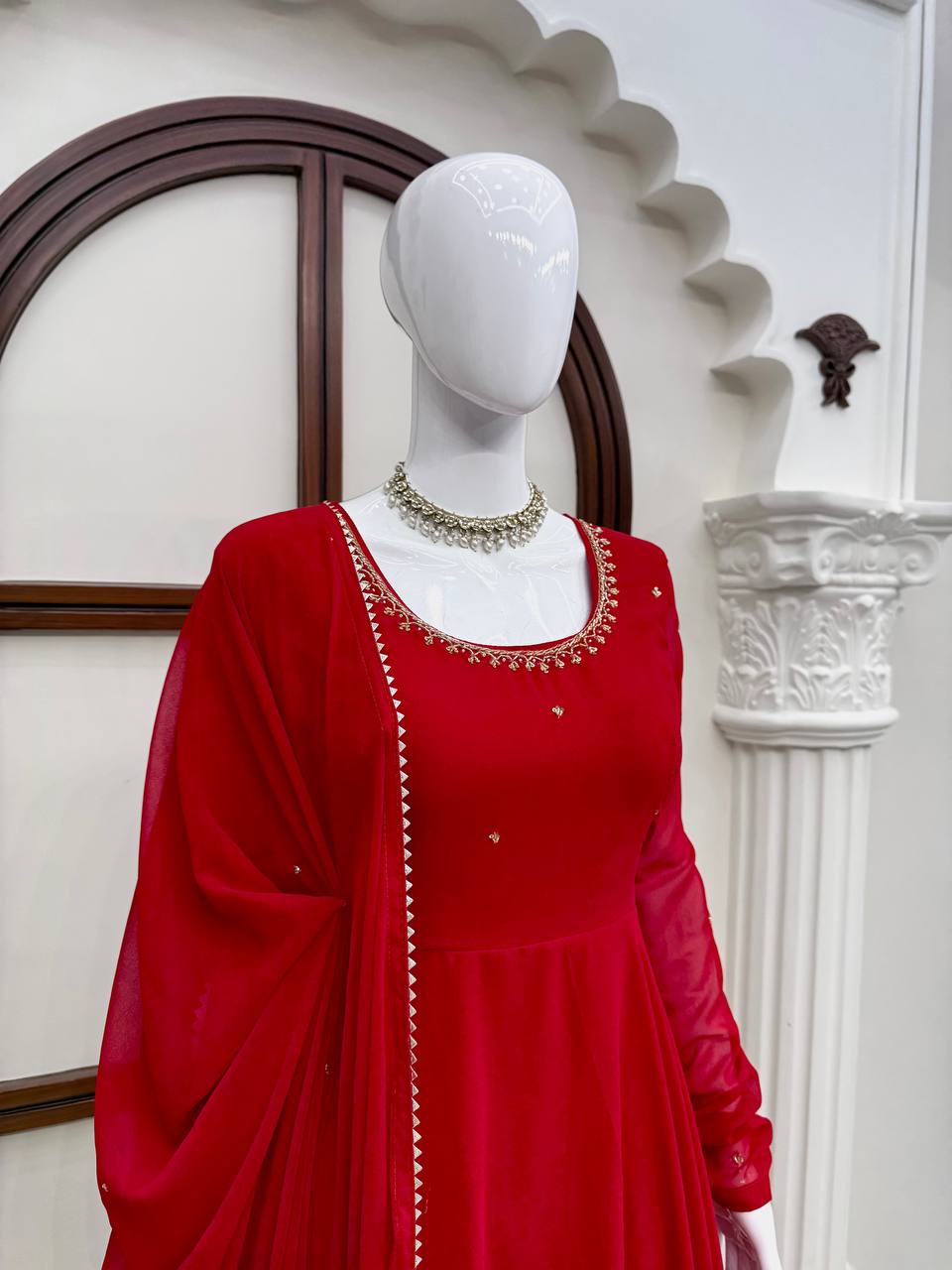 Maroon Faux Georgette Anarkali Suit with Pant Dupatta Hand Work 6.5 Mtr Flair