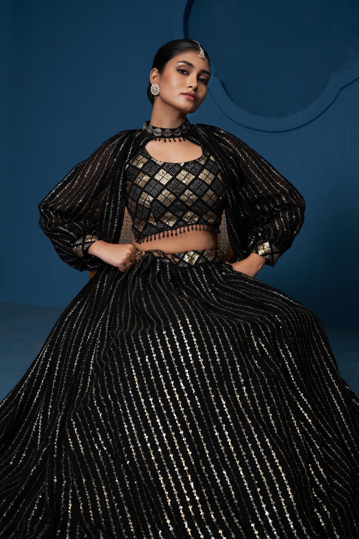 Black Georgette Lehenga Choli Sequins Zari Work Choker Sleeves Semi Stitched