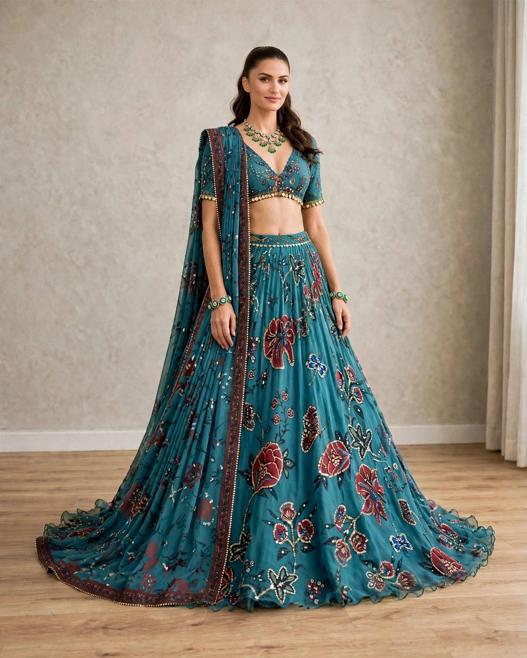 Teal Blue Floral Digital Print Georgette Lehenga Choli Sequins Work Semi Stitched