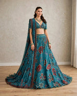 Teal Blue Floral Digital Print Georgette Lehenga Choli Sequins Work Semi Stitched