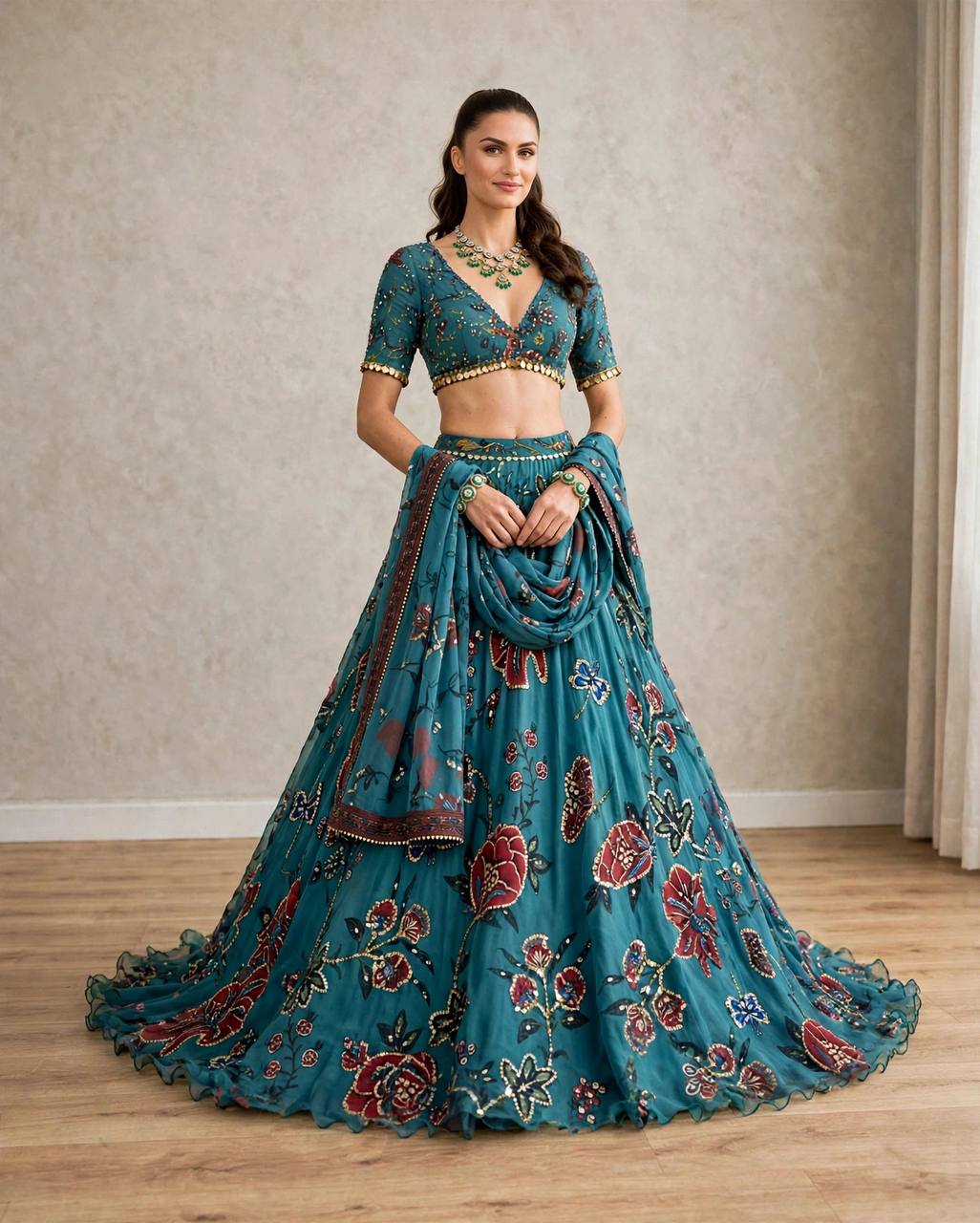 Teal Blue Floral Digital Print Georgette Lehenga Choli Sequins Work Semi Stitched
