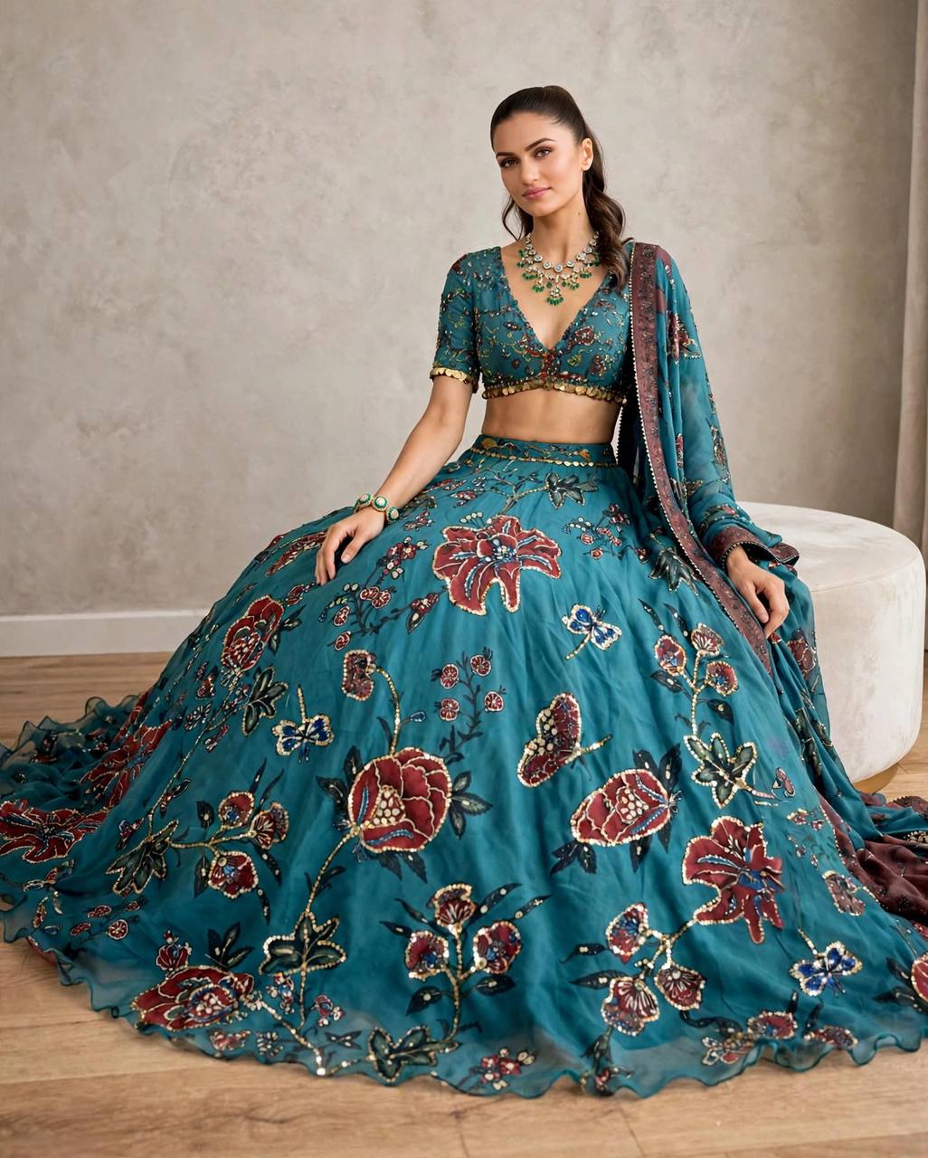 Teal Blue Floral Digital Print Georgette Lehenga Choli Sequins Work Semi Stitched