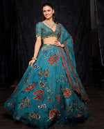 Teal Blue Floral Digital Print Georgette Lehenga Choli Sequins Work Semi Stitched