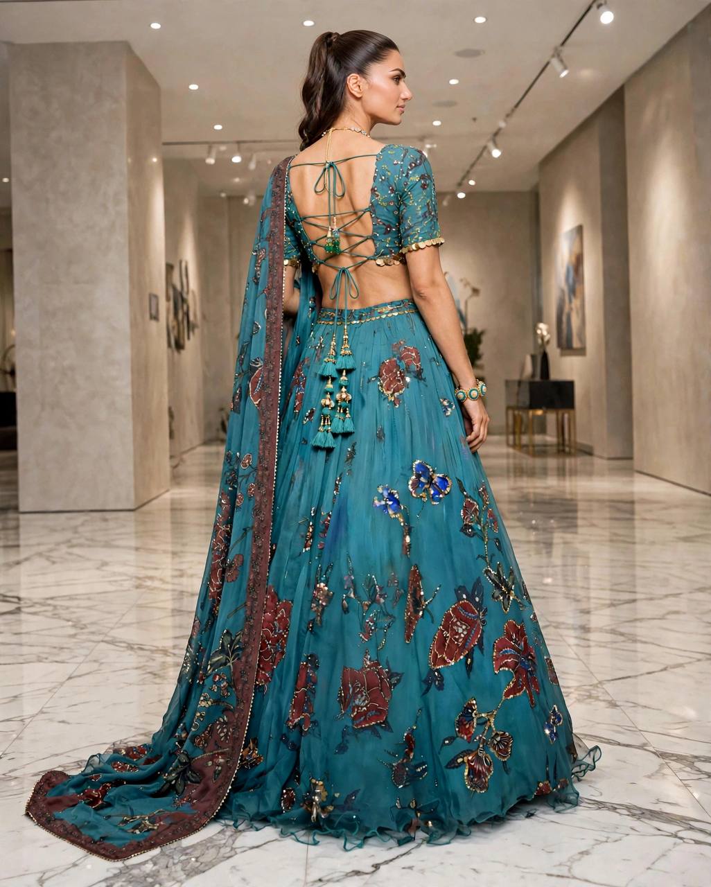 Teal Blue Floral Digital Print Georgette Lehenga Choli Sequins Work Semi Stitched