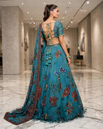Teal Blue Floral Digital Print Georgette Lehenga Choli Sequins Work Semi Stitched