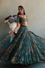 Teal Blue Floral Digital Print Georgette Lehenga Choli Sequins Work Semi Stitched