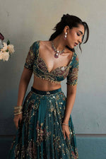 Teal Blue Floral Digital Print Georgette Lehenga Choli Sequins Work Semi Stitched