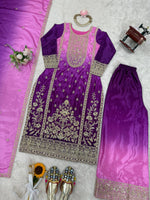 Purple Pink Shaded Chinon Silk Kurti Plazzo Dupatta Set Dori Sequence Work