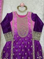 Purple Pink Shaded Chinon Silk Kurti Plazzo Dupatta Set Dori Sequence Work