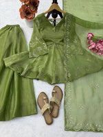Parrot Green Salsa Silk Top Plazzo Dupatta Set Mukesh Work Ready to Wear