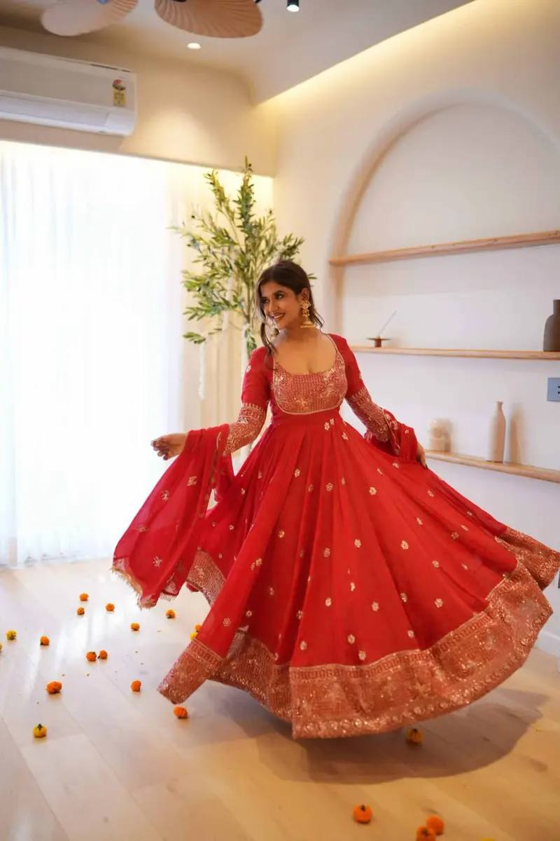 Red Georgette Anarkali Suit with Pant Dupatta Thread Sequence Work Karwa Chauth