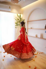 Red Georgette Anarkali Suit with Pant Dupatta Thread Sequence Work Karwa Chauth