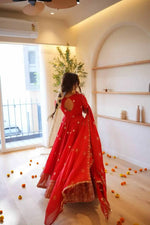 Red Georgette Anarkali Suit with Pant Dupatta Thread Sequence Work Karwa Chauth