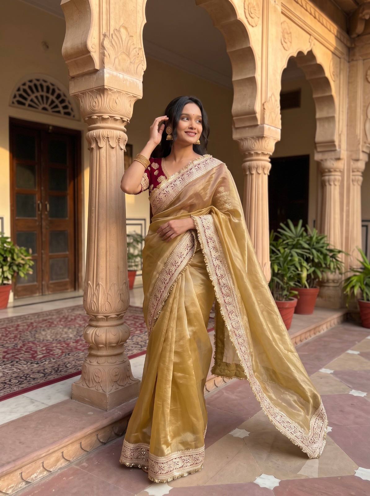 Mocha Silk Saree Sequins Cording Work Frill Lace Border with Blouse Piece