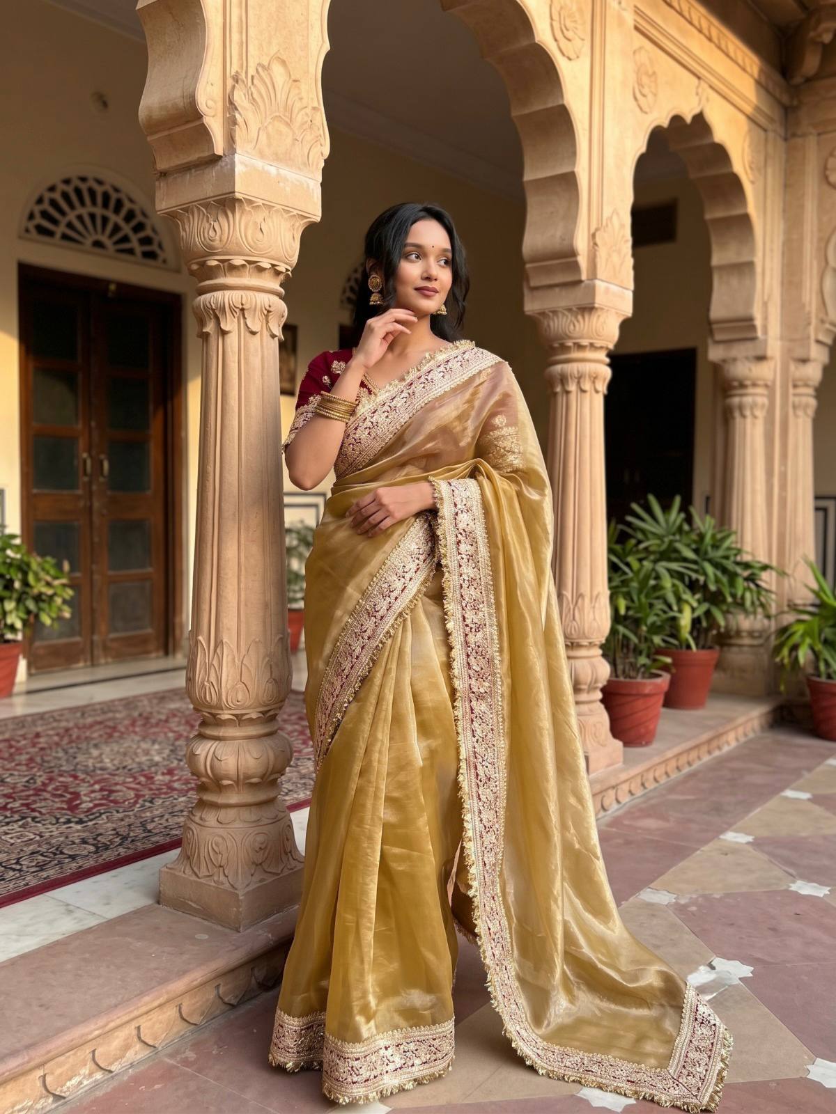 Mocha Silk Saree Sequins Cording Work Frill Lace Border with Blouse Piece