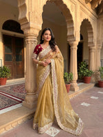 Mocha Silk Saree Sequins Cording Work Frill Lace Border with Blouse Piece
