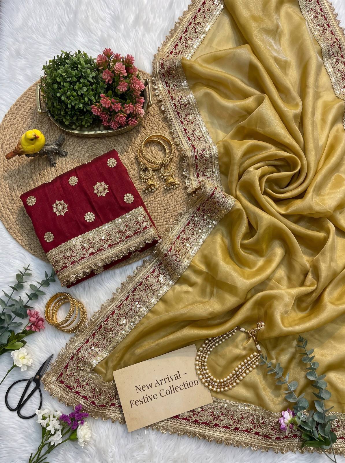 Mocha Silk Saree Sequins Cording Work Frill Lace Border with Blouse Piece