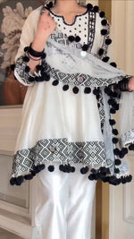 White Natural Crepe Top Pant Dupatta Set Real Mirror Thread Work Fully Stitched