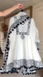 White Natural Crepe Top Pant Dupatta Set Real Mirror Thread Work Fully Stitched