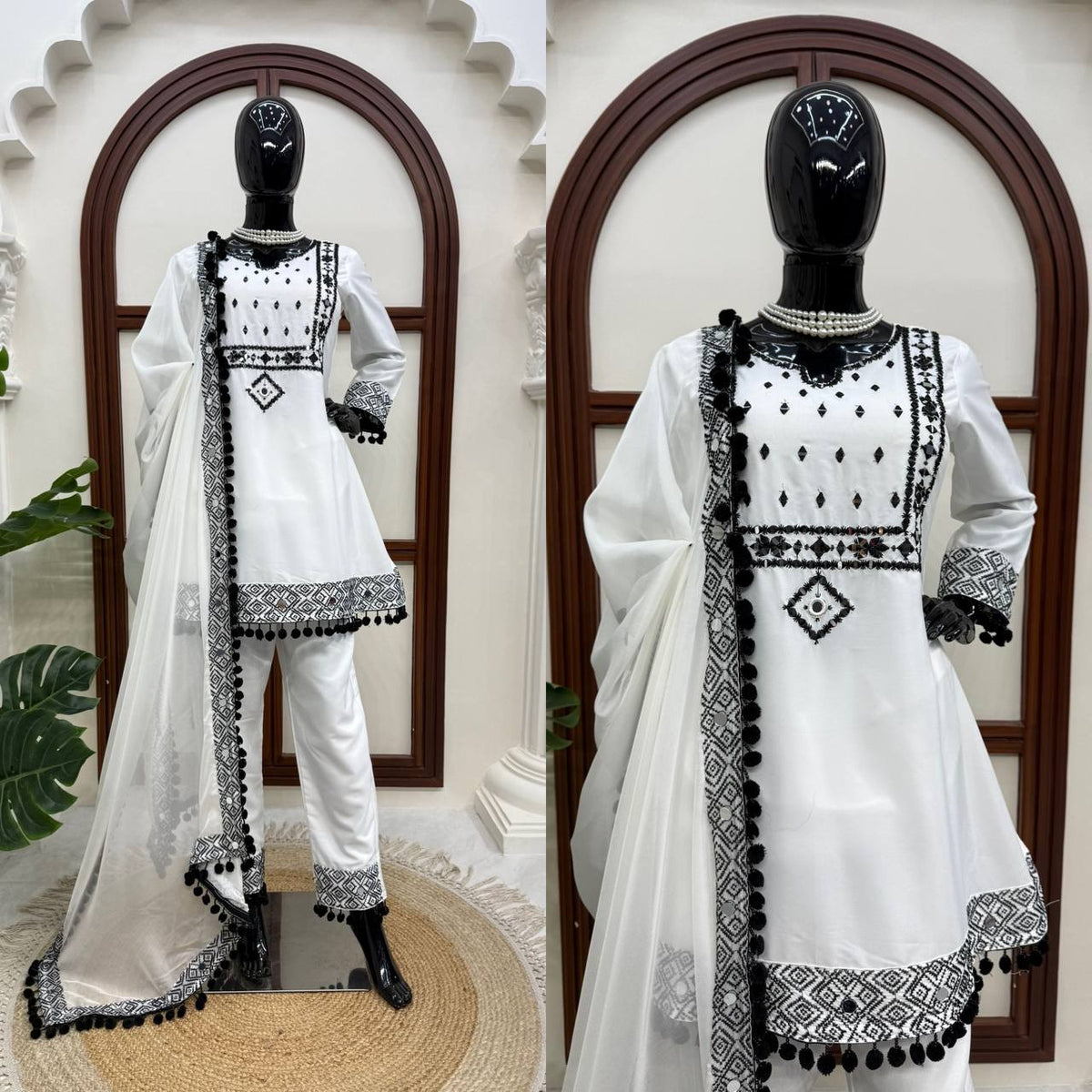 White Natural Crepe Top Pant Dupatta Set Real Mirror Thread Work Fully Stitched