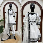 White Natural Crepe Top Pant Dupatta Set Real Mirror Thread Work Fully Stitched