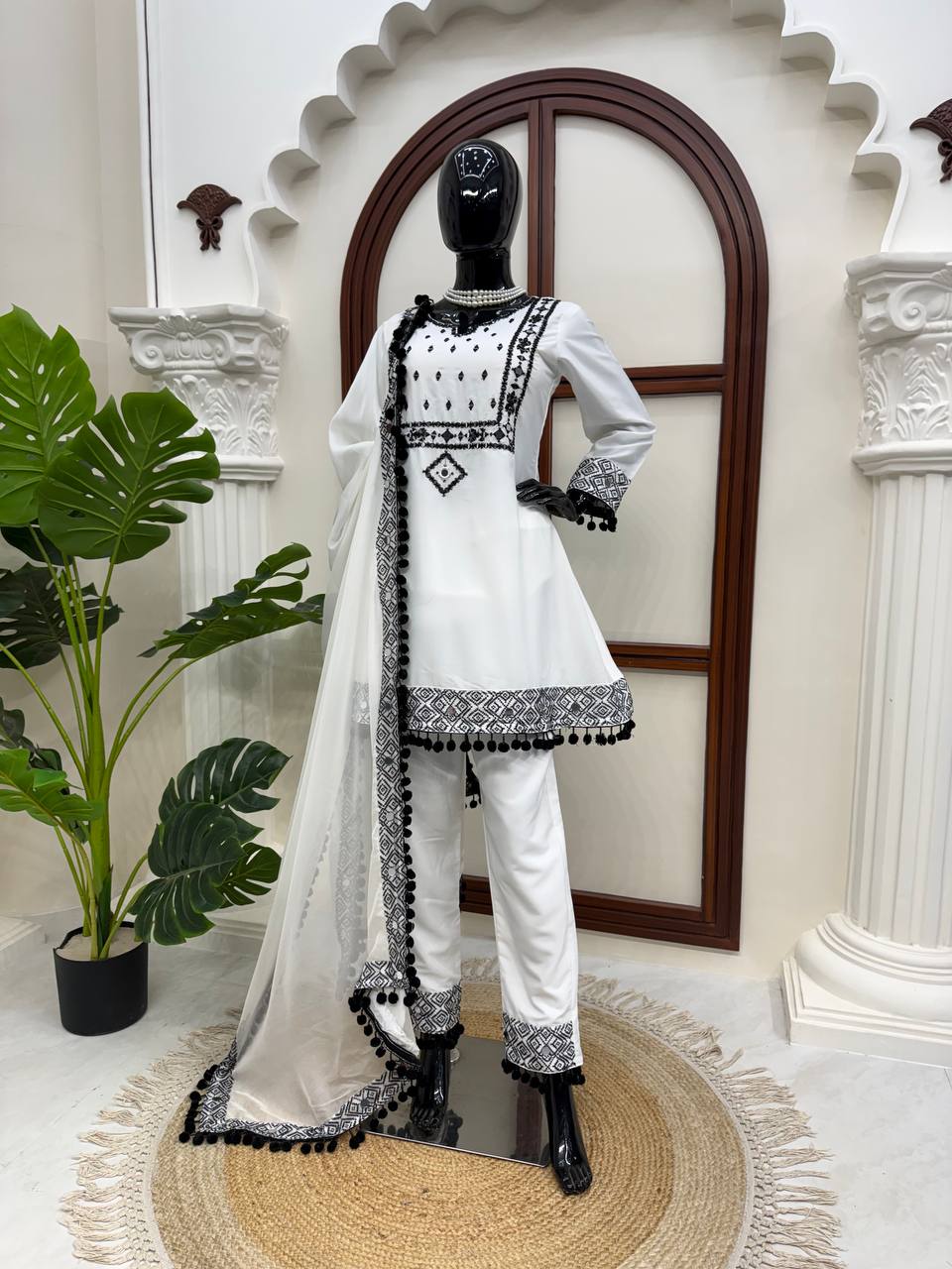 White Natural Crepe Top Pant Dupatta Set Real Mirror Thread Work Fully Stitched
