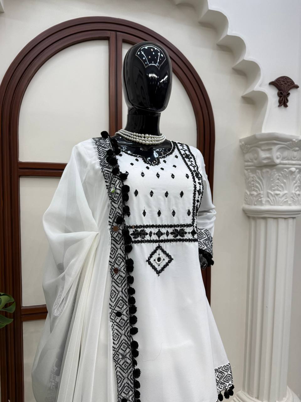 White Natural Crepe Top Pant Dupatta Set Real Mirror Thread Work Fully Stitched
