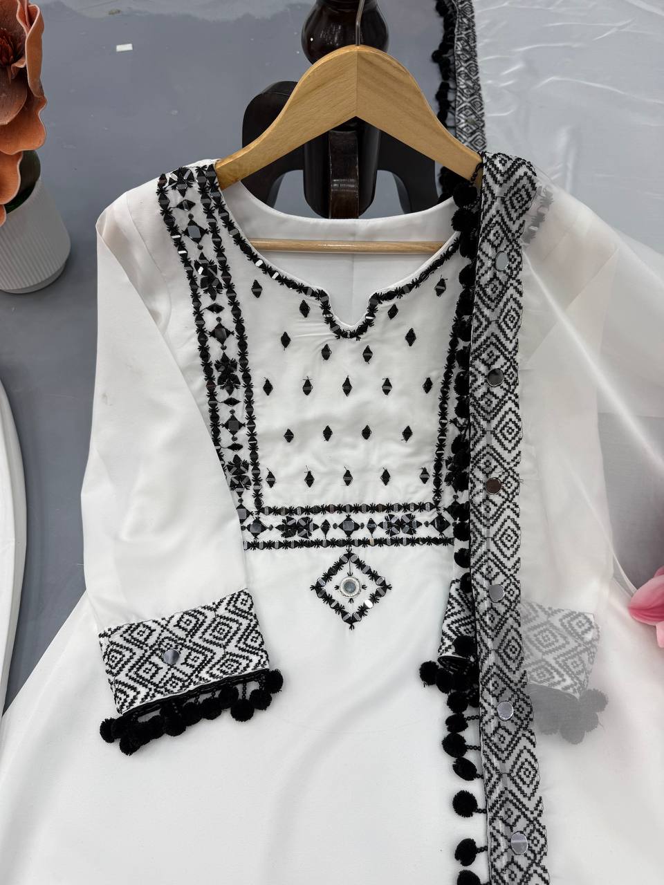 White Natural Crepe Top Pant Dupatta Set Real Mirror Thread Work Fully Stitched