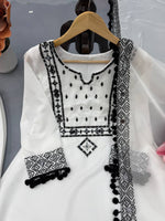 White Natural Crepe Top Pant Dupatta Set Real Mirror Thread Work Fully Stitched