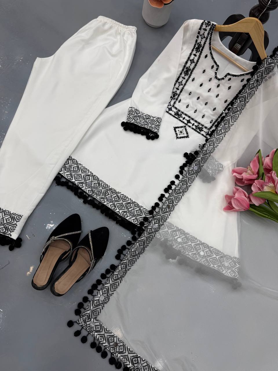 White Natural Crepe Top Pant Dupatta Set Real Mirror Thread Work Fully Stitched