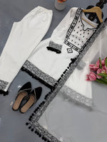 White Natural Crepe Top Pant Dupatta Set Real Mirror Thread Work Fully Stitched