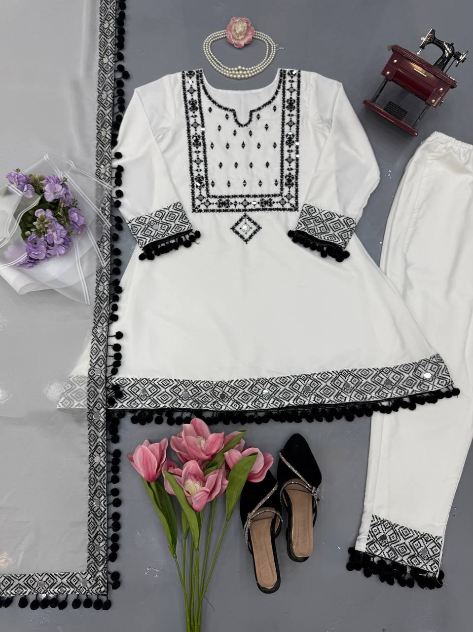 White Natural Crepe Top Pant Dupatta Set Real Mirror Thread Work Fully Stitched