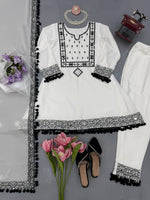 White Natural Crepe Top Pant Dupatta Set Real Mirror Thread Work Fully Stitched