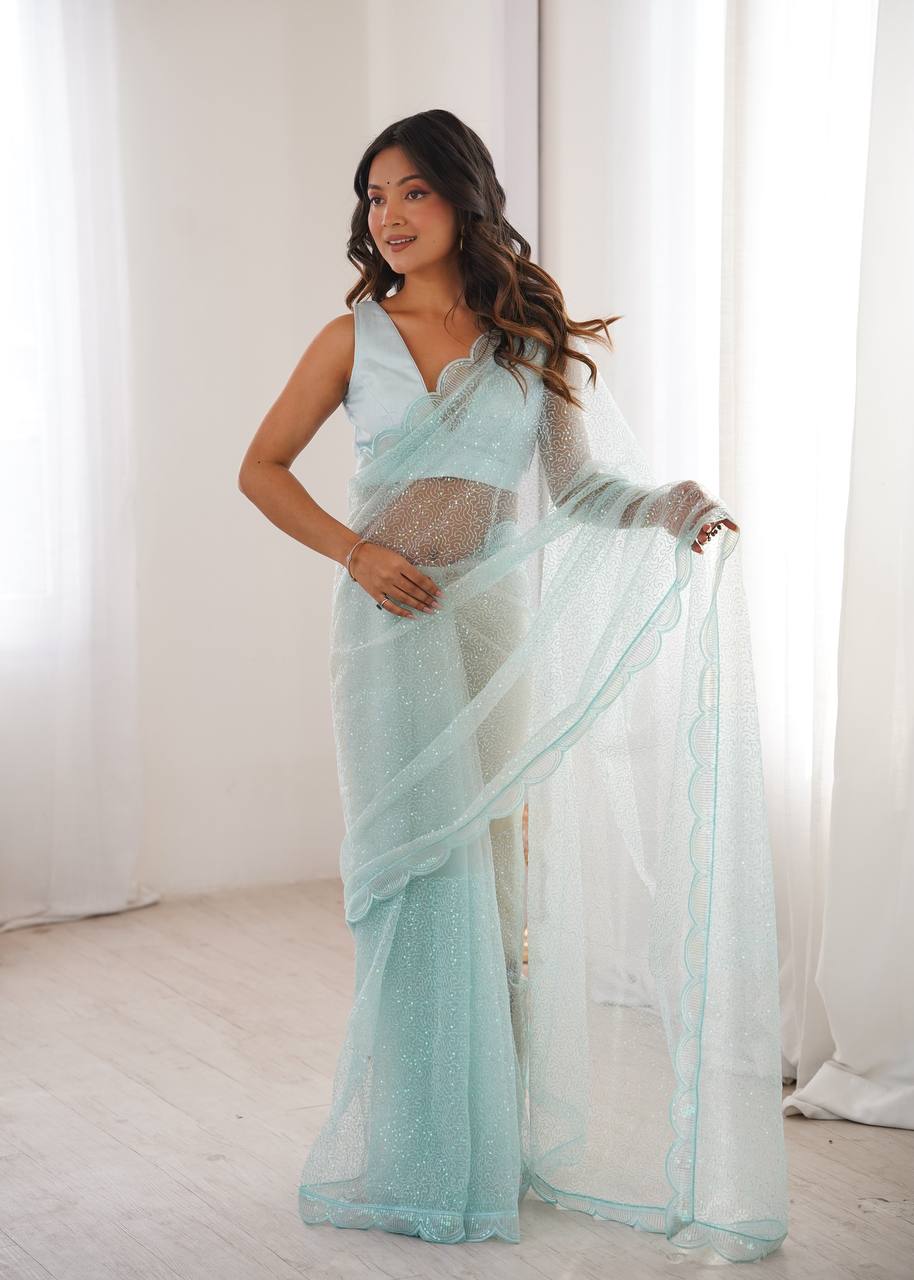 Pista Green And White And OrengeSequins Work Net Saree with Blouse Scalloped Border Party Wear