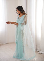 Pista Green And White And OrengeSequins Work Net Saree with Blouse Scalloped Border Party Wear