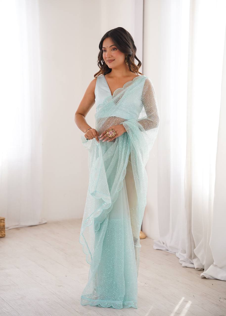 Pista Green And White And OrengeSequins Work Net Saree with Blouse Scalloped Border Party Wear