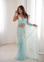 Pista Green And White And OrengeSequins Work Net Saree with Blouse Scalloped Border Party Wear