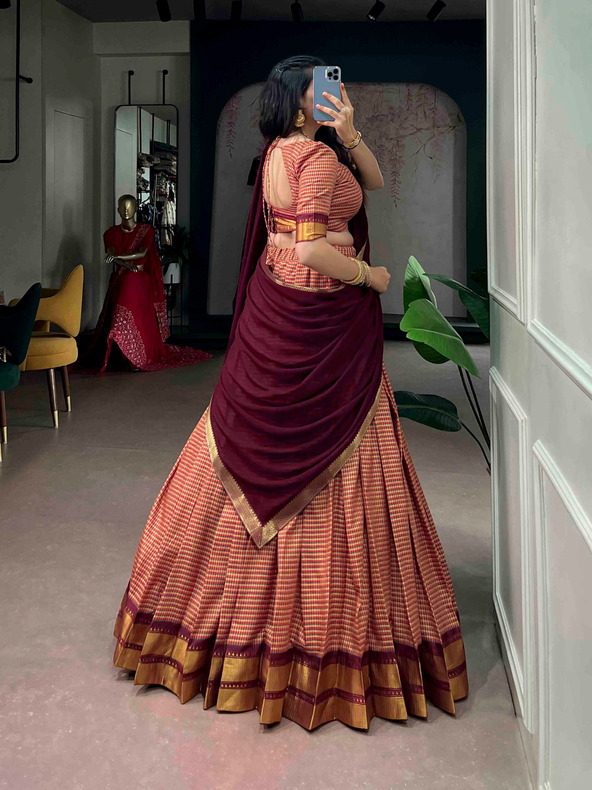 South Indian Half Saree Lehenga Kanchi Cotton Zari Border with Dupatta Festive