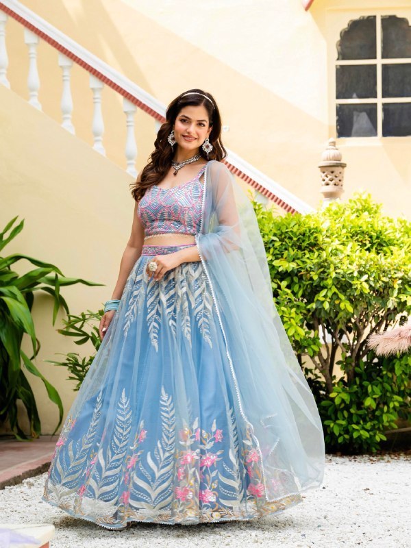 Sky Blue Soft Net Lehenga Choli Zari Sequence Embroidery Work Semi Stitched