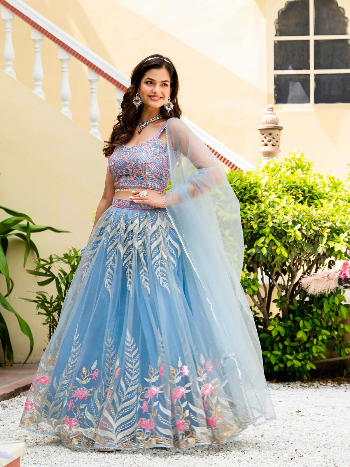 Sky Blue Soft Net Lehenga Choli Zari Sequence Embroidery Work Semi Stitched