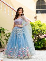 Sky Blue Soft Net Lehenga Choli Zari Sequence Embroidery Work Semi Stitched