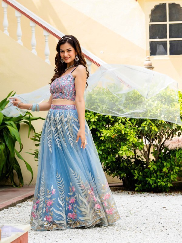 Sky Blue Soft Net Lehenga Choli Zari Sequence Embroidery Work Semi Stitched