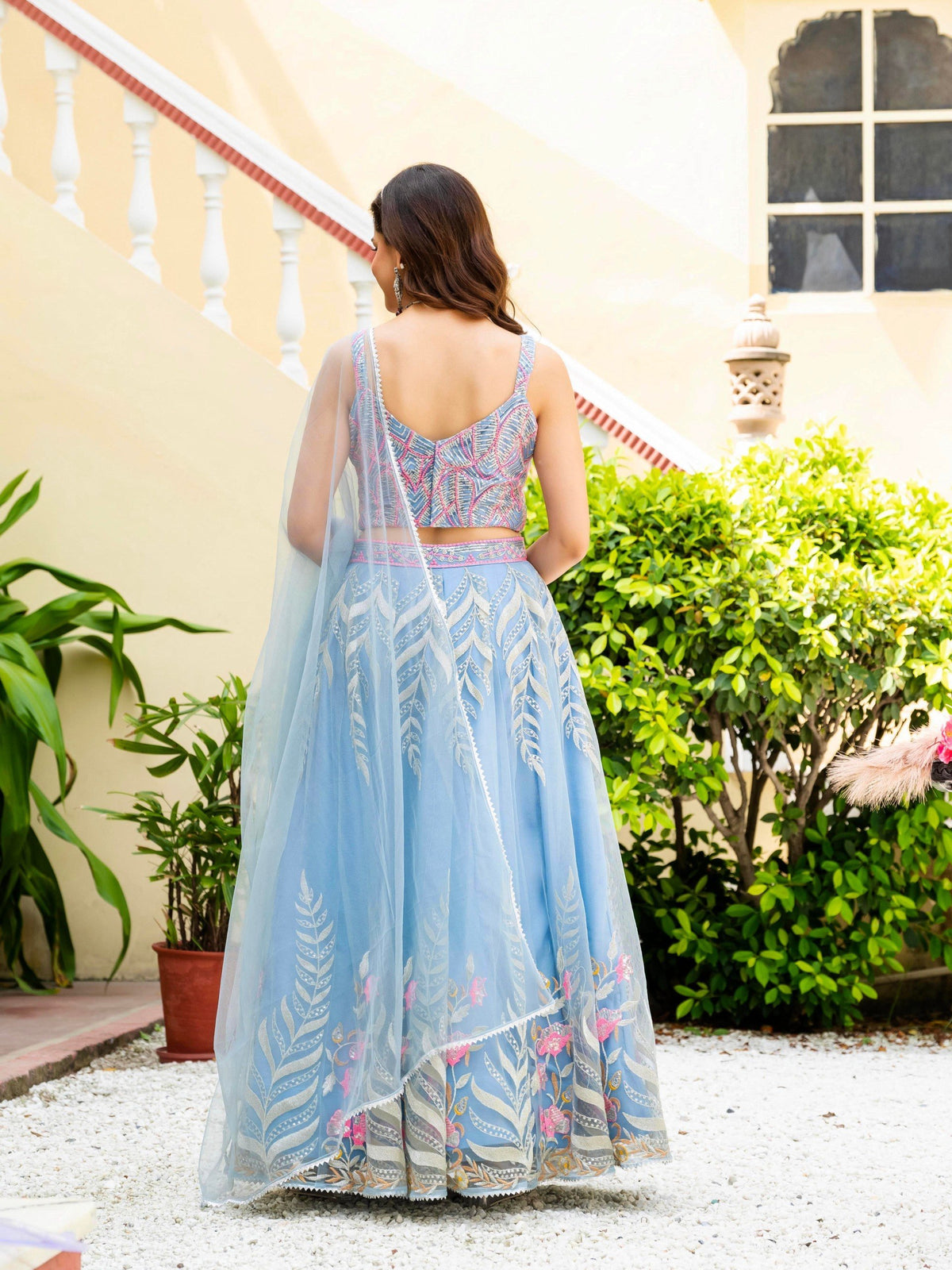 Sky Blue Soft Net Lehenga Choli Zari Sequence Embroidery Work Semi Stitched