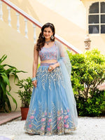 Sky Blue Soft Net Lehenga Choli Zari Sequence Embroidery Work Semi Stitched