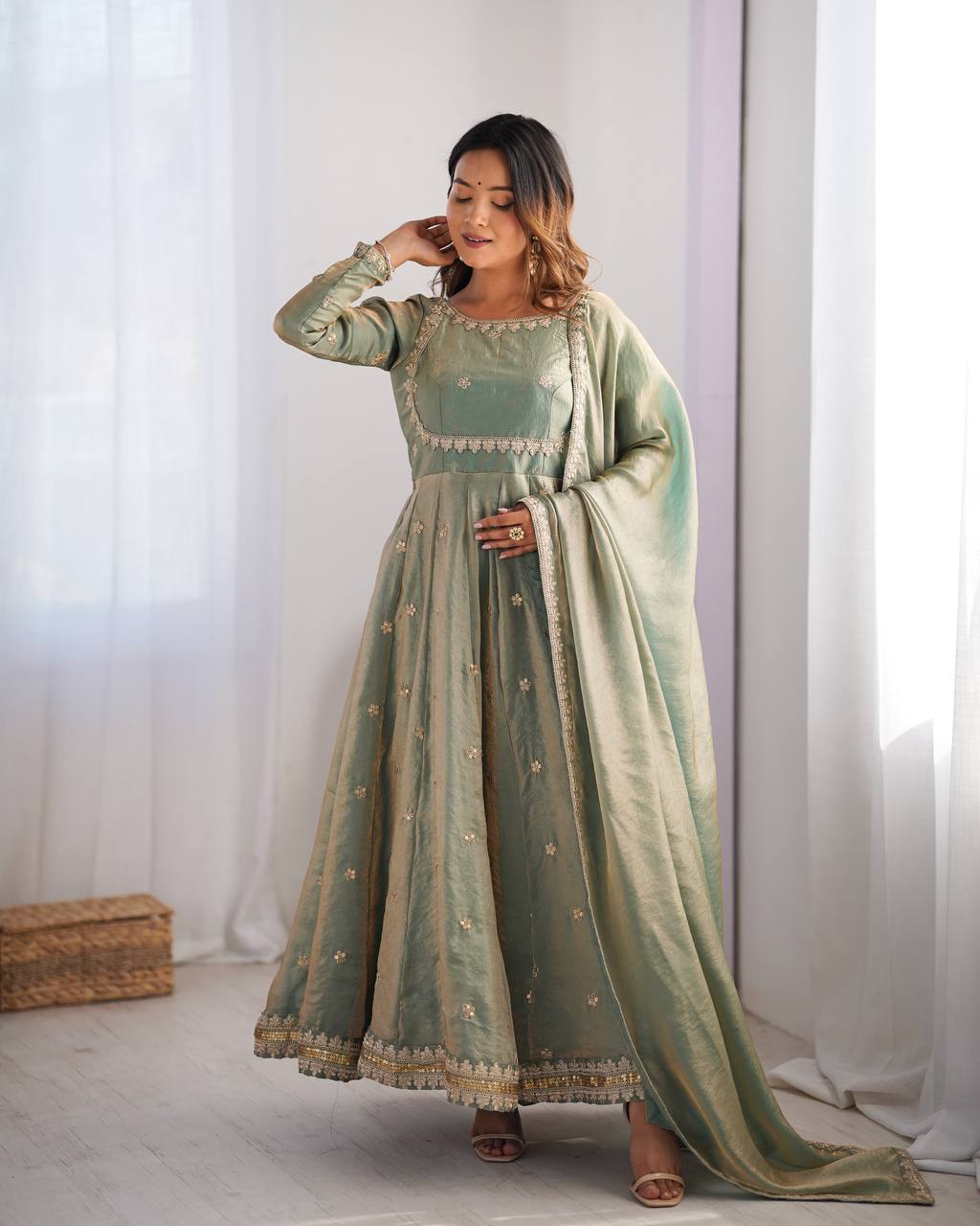 Sage Green Fancy Silk Anarkali Gown with Pant Dupatta Sequence Work Festive